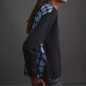 Anthropologie Pilcro High Low Long Sleeve Plaid Blue Black Pullover Sweatshirt M